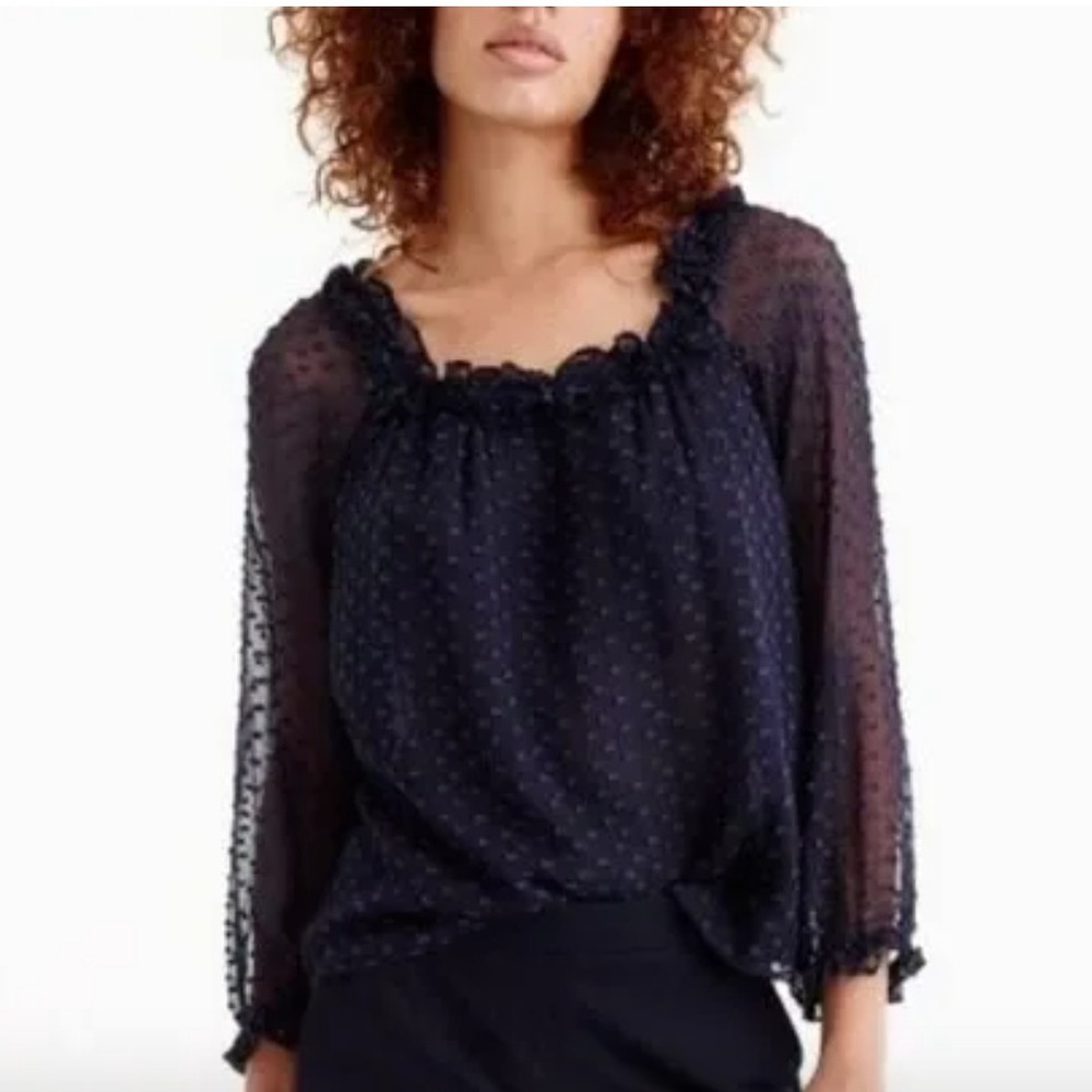 J. CREW Swiss Dot Peasant Sheer Sleeve Silk Ruffle Neck Lined Blouse Top Navy XS